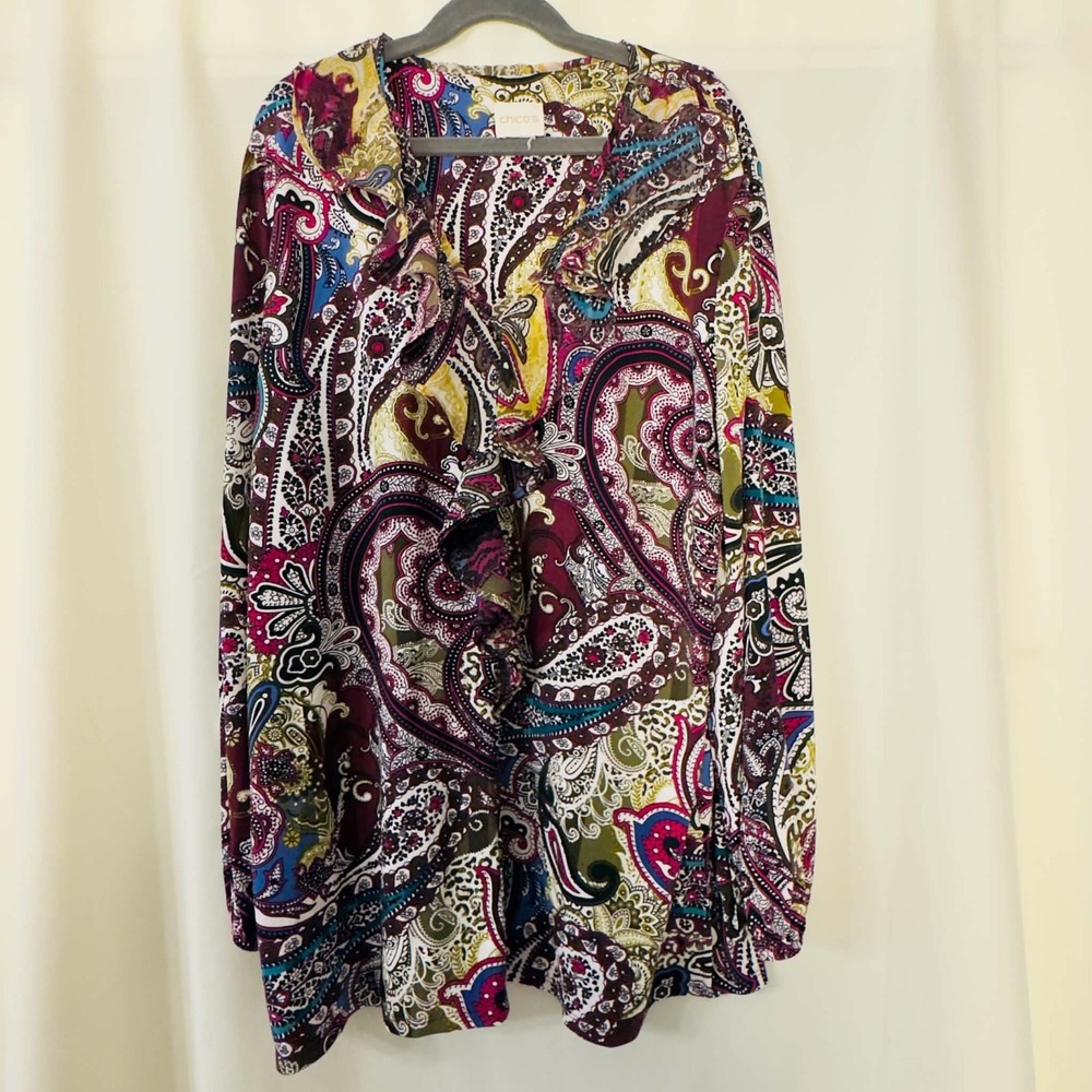 Chico's Womens Blouse 1 M Paisley Ruffle V-Neck Stretch Multicolor Boho Chic Top